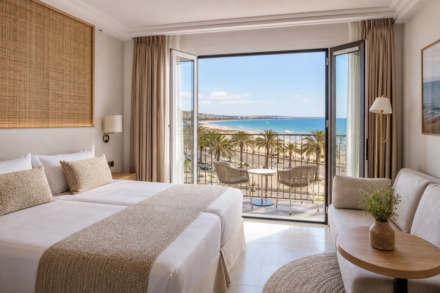 KI-generiertes helles Hotelzimmer mit Balkon und Blick auf die Playa de Palma