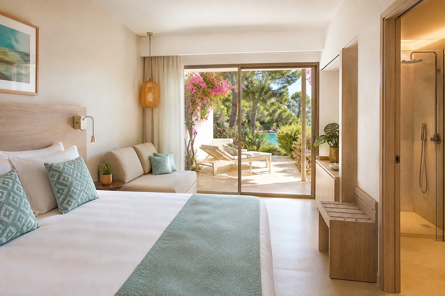 KI-Stimmungsbild für Iberostar Waves Cala Domingos mit hellem Gartenbungalow, Terrasse und Blick zur Bucht