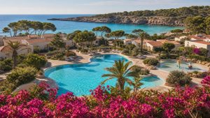 KI-Stimmungsbild für Iberostar Waves Cala Domingos mit Gartenbungalows, Pool und türkisfarbener Bucht