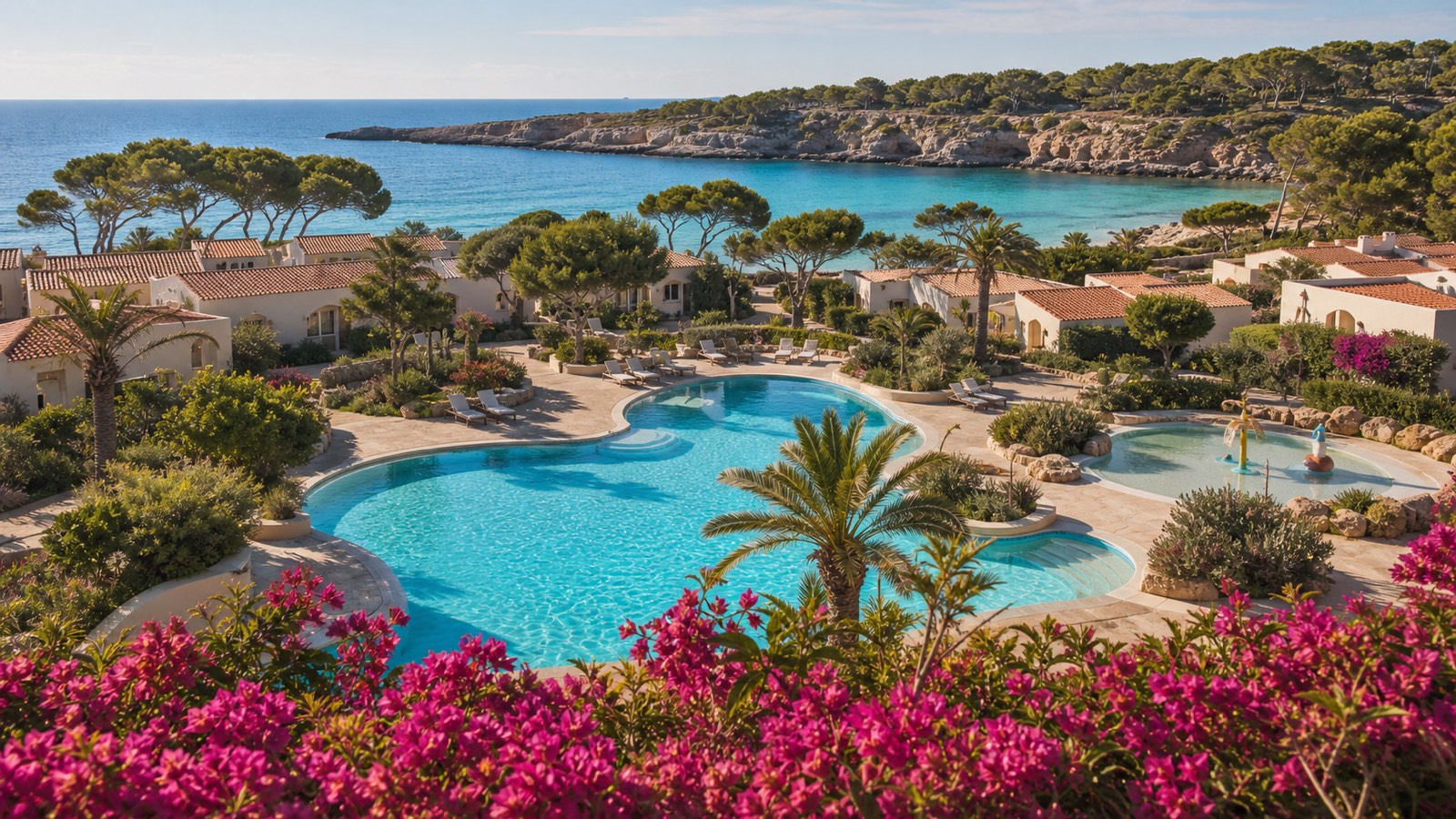 KI-Stimmungsbild für Iberostar Waves Cala Domingos mit Gartenbungalows, Pool und türkisfarbener Bucht