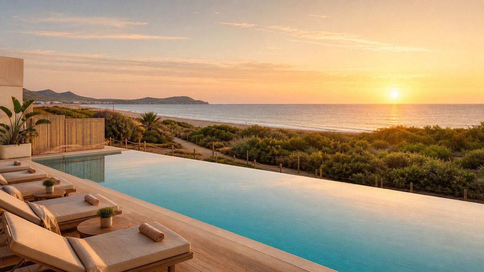 KI-Stimmungsbild für Iberostar Waves Cala Millor mit Poolterrasse, Sandstrand und Sonnenaufgang an Mallorcas Ostküste