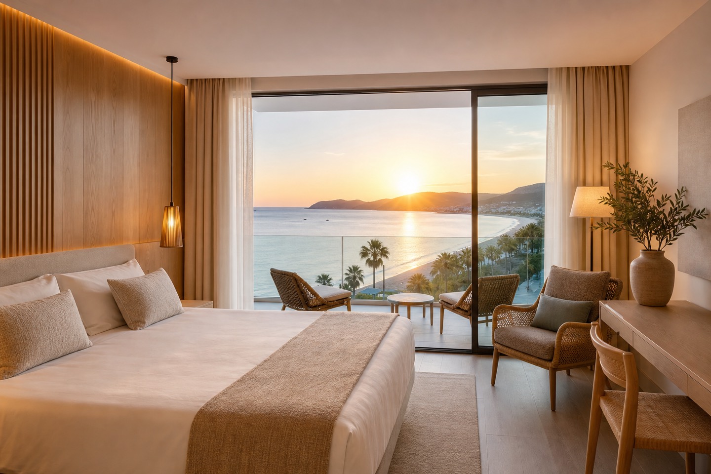 KI-Stimmungsbild für Iberostar Waves Cala Millor mit hellem Doppelzimmer, Balkon und Meerblick über die Bucht