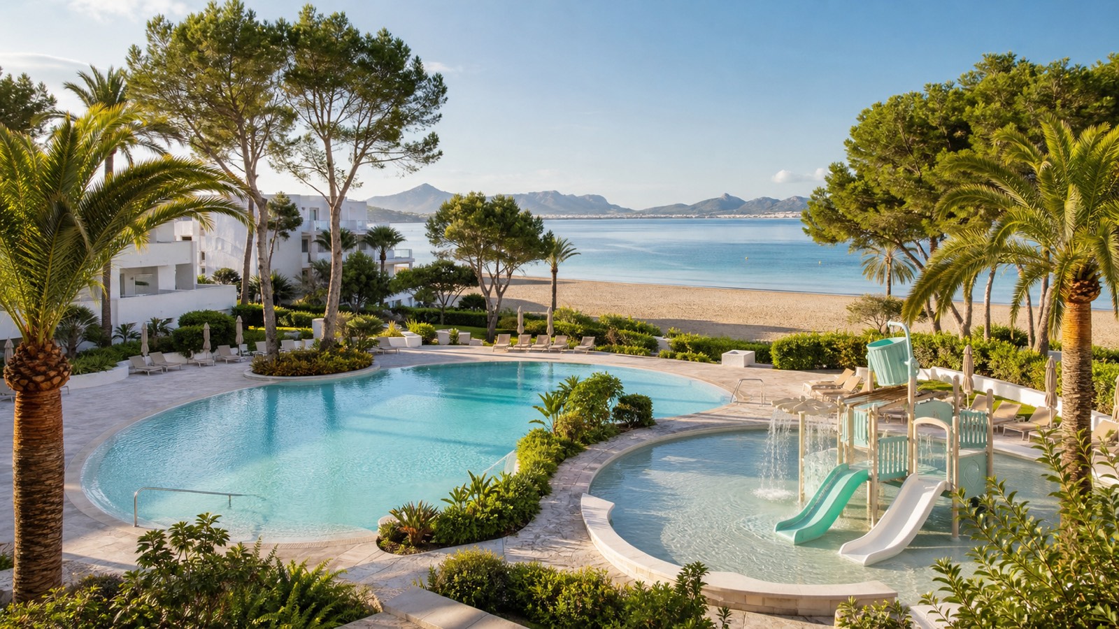 KI-Stimmungsbild für Iberostar Waves Ciudad Blanca mit Familienpool, Rutschenbereich und Sandstrand in Port d’Alcúdia