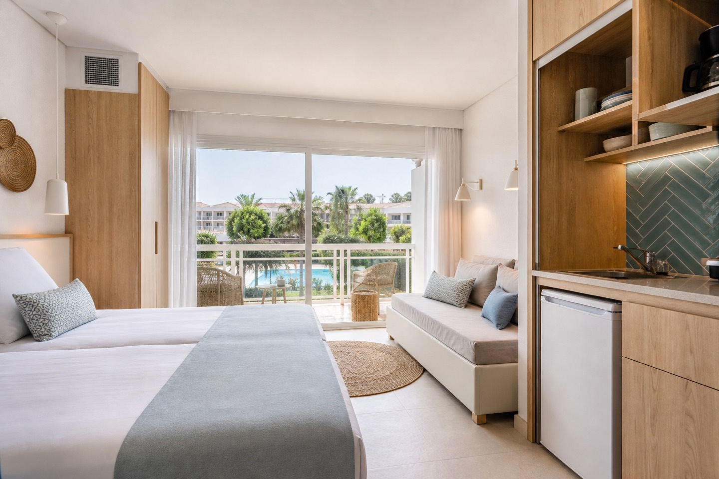 KI-Stimmungsbild für Iberostar Waves Ciudad Blanca mit hellem Studio, kleiner Küche, Schlafsofa und Balkon zum Pool