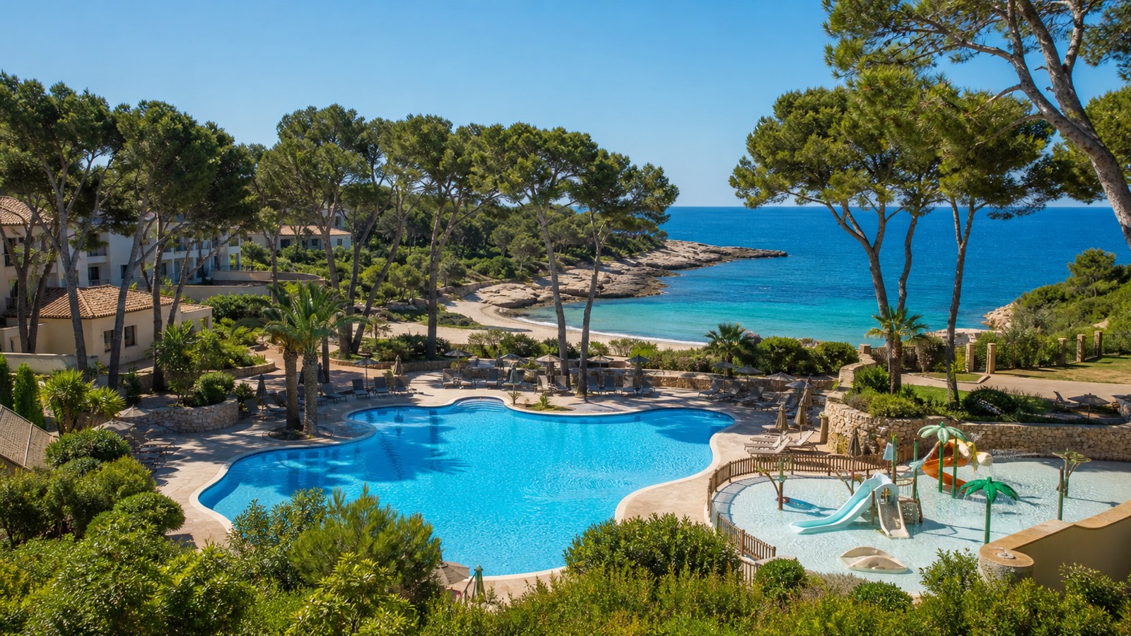 KI-generiertes Stimmungsbild mit Familienpool, Kinderwasserbereich, Pinien und Mittelmeerbucht für das Iberostar Waves Pinos Park in Font de sa Cala