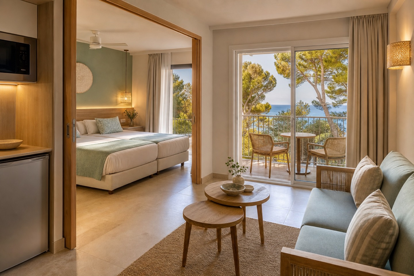 KI-generiertes Stimmungsbild eines Familienzimmers mit getrenntem Wohnbereich, Balkon, Pinien und seitlichem Meerblick für das Iberostar Waves Pinos Park