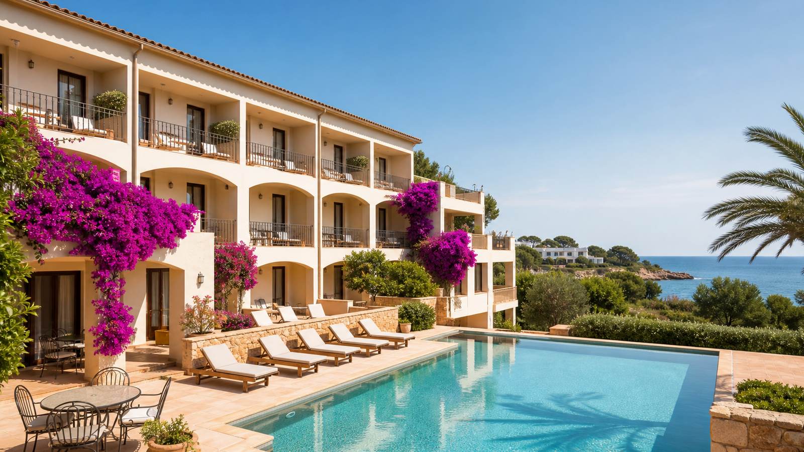 KI-generiertes Mallorca-Stimmungsbild eines mediterranen Hotel-Außenbereichs für den Hotelcheck des Inturotel Cala Azul in Cala D´Or