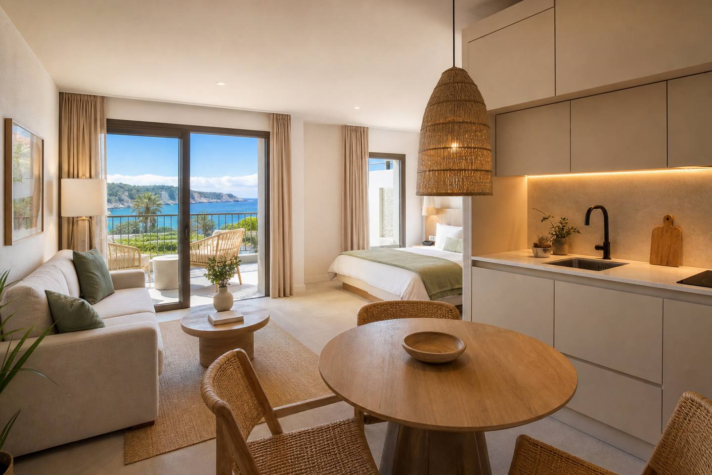 KI-generiertes redaktionelles Stimmungsbild eines mediterranen Hotelzimmers für den Hotelcheck des Inturotel Cala Azul in Cala D´Or