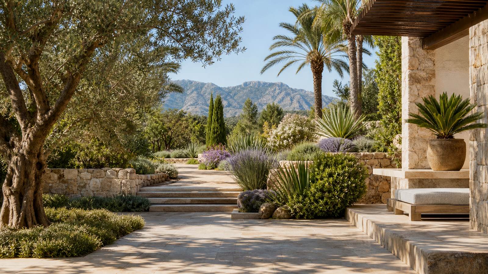 KI-generiertes Mallorca-Stimmungsbild eines mediterranen Hotel-Außenbereichs für den Hotelcheck des ISLA MALLORCA & SPA in Palma