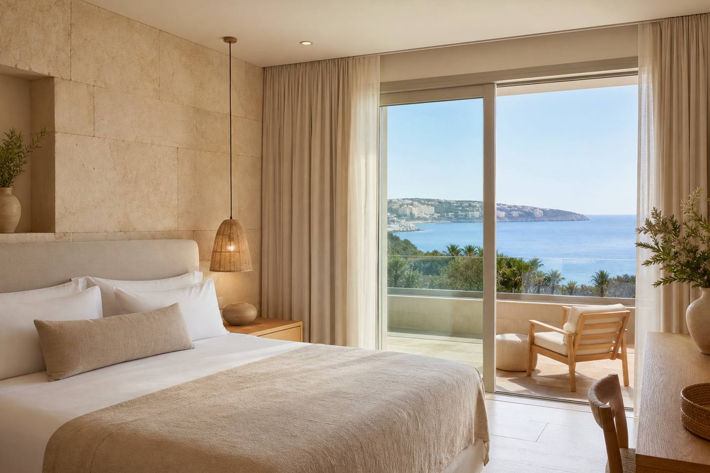 KI-generiertes redaktionelles Stimmungsbild eines mediterranen Hotelzimmers für den Hotelcheck des ISLA MALLORCA & SPA in Palma