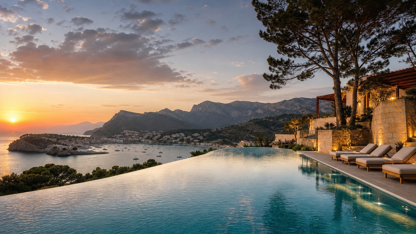 KI-Stimmungsbild für das Jumeirah Mallorca mit Infinitypool, Hafenbucht von Port de Sóller und Tramuntana-Panorama