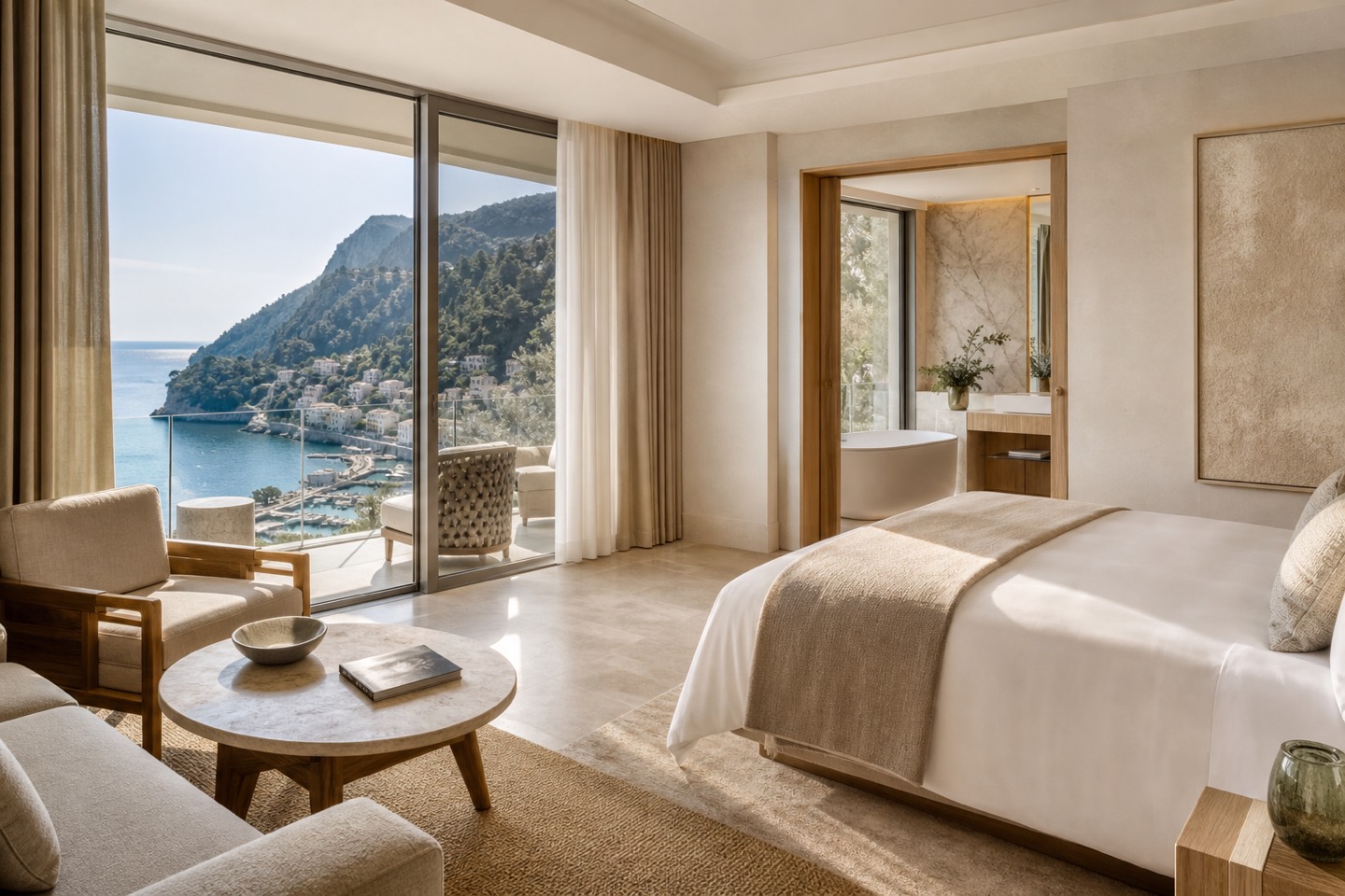 KI-Stimmungsbild für das Jumeirah Mallorca mit elegantem Meerblickzimmer, Sitzecke, Marmorbadezimmer und Terrasse