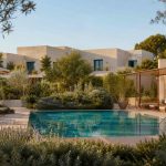 KI-generierte Poolstimmung für das Kimpton Aysla Mallorca in Santa Ponsa mit moderner Architektur und mediterranem Garten
