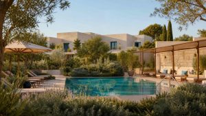 KI-generierte Poolstimmung für das Kimpton Aysla Mallorca in Santa Ponsa mit moderner Architektur und mediterranem Garten