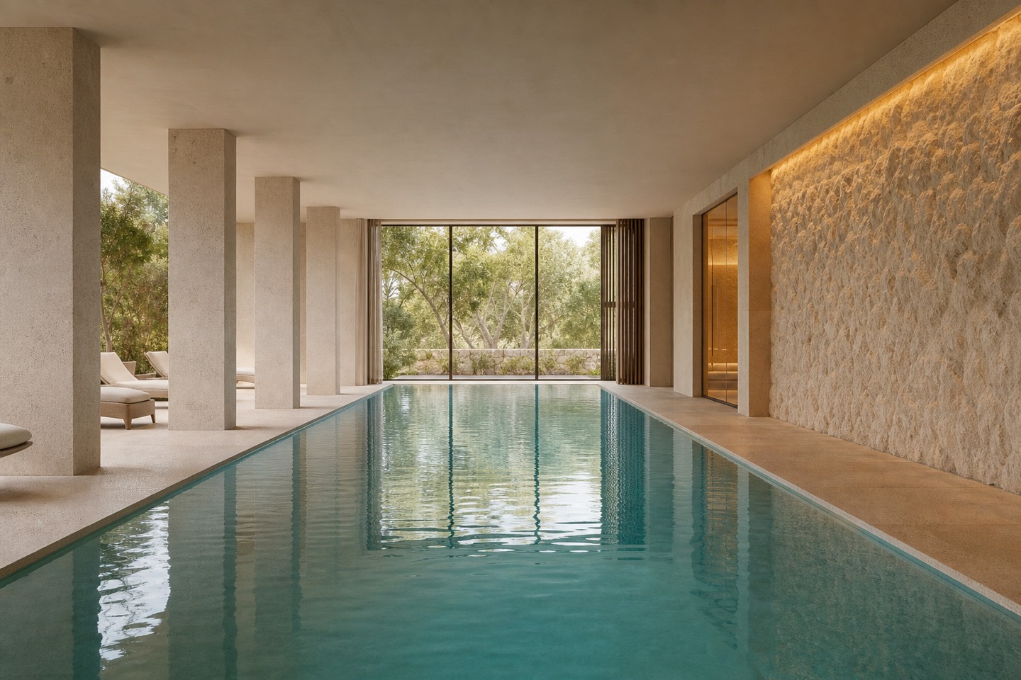 KI-generierte Spa-Stimmung für das Kimpton Aysla Mallorca mit langem beheiztem Innenpool, Naturstein und Salzwand