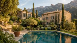 KI-Stimmungsbild für La Residencia, A Belmond Hotel mit Natursteinmanorhäusern, Gartenpool und Tramuntana-Bergen in Deià