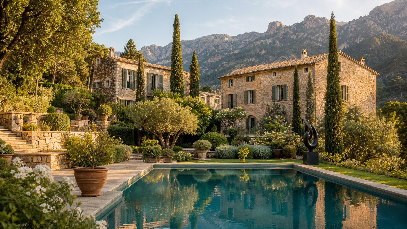 KI-Stimmungsbild für La Residencia, A Belmond Hotel mit Natursteinmanorhäusern, Gartenpool und Tramuntana-Bergen in Deià