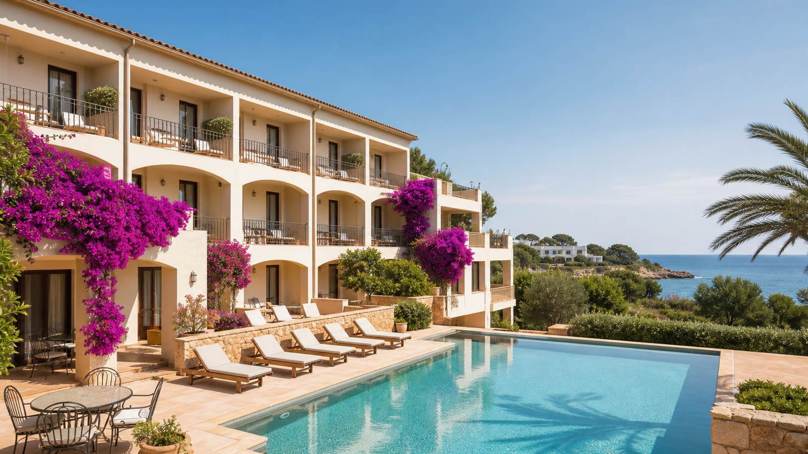 KI-generiertes Mallorca-Stimmungsbild eines mediterranen Hotel-Außenbereichs für den Hotelcheck des MARINA PLAYA in Port (El)