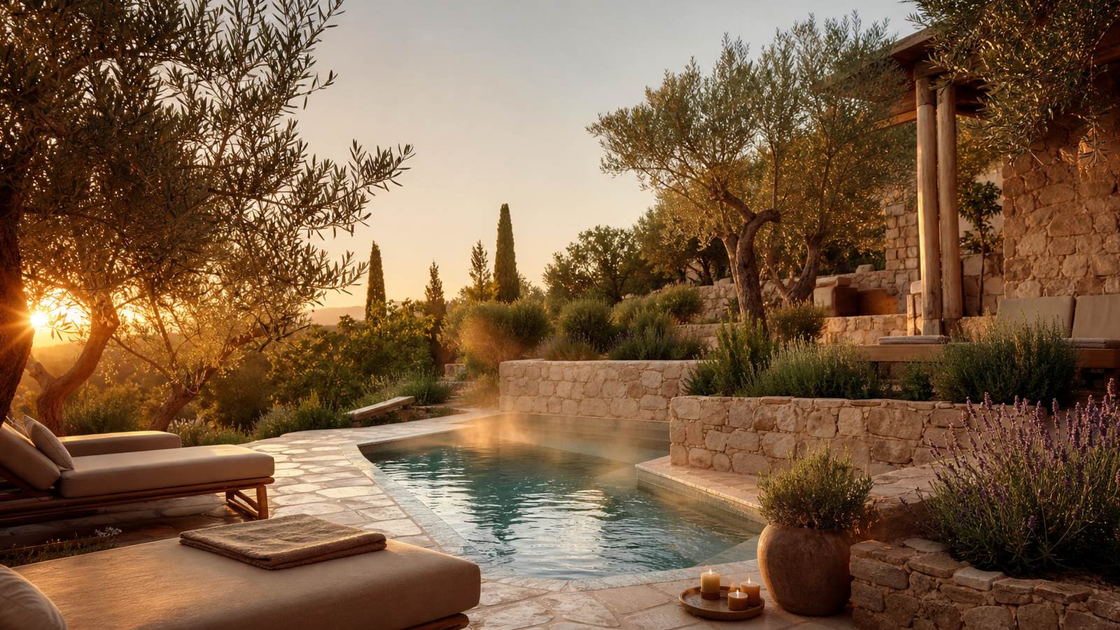 KI-generiertes Mallorca-Stimmungsbild eines mediterranen Hotel-Außenbereichs für den Hotelcheck des MELIA PALMA BAY in Palma