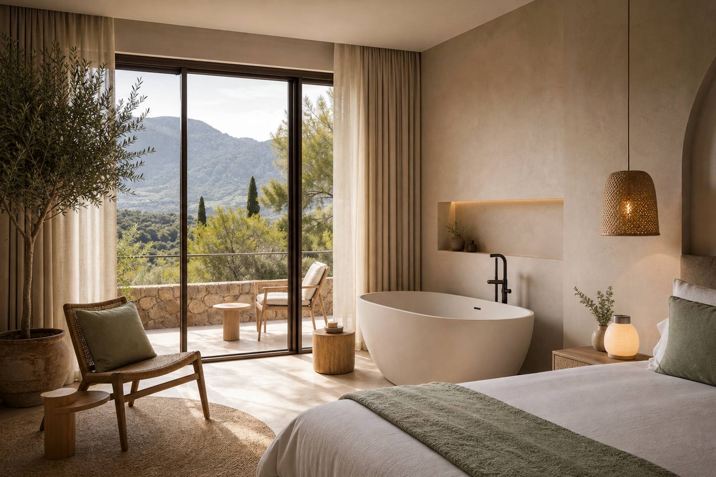 KI-generiertes redaktionelles Stimmungsbild eines mediterranen Hotelzimmers für den Hotelcheck des MELIA PALMA BAY in Palma