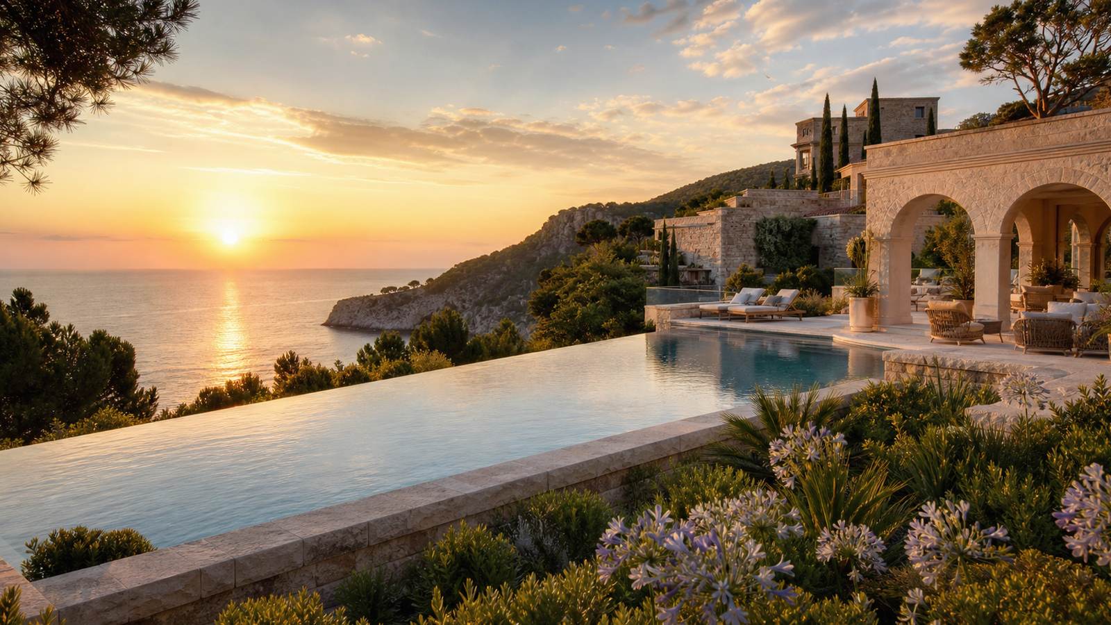 KI-generiertes Mallorca-Stimmungsbild eines mediterranen Hotel-Außenbereichs für den Hotelcheck des MINISTER in Sóller