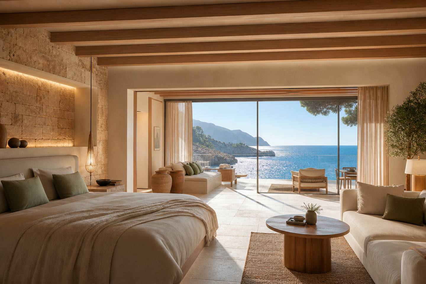 KI-generiertes redaktionelles Stimmungsbild eines mediterranen Hotelzimmers für den Hotelcheck des MONSUAU HOTEL in Cala Ferrera