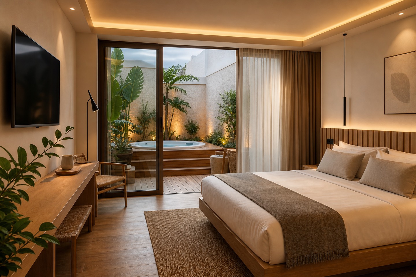 KI-generierte Deluxe-Zimmer-Stimmung für das Nakar Hotel in Palma mit modernem Design, privatem Patio und Whirlpool