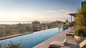 KI-generierte Rooftop-Pool-Stimmung für das Nakar Hotel in Palma mit Infinity-Pool, Kathedrale, Stadt- und Buchtblick