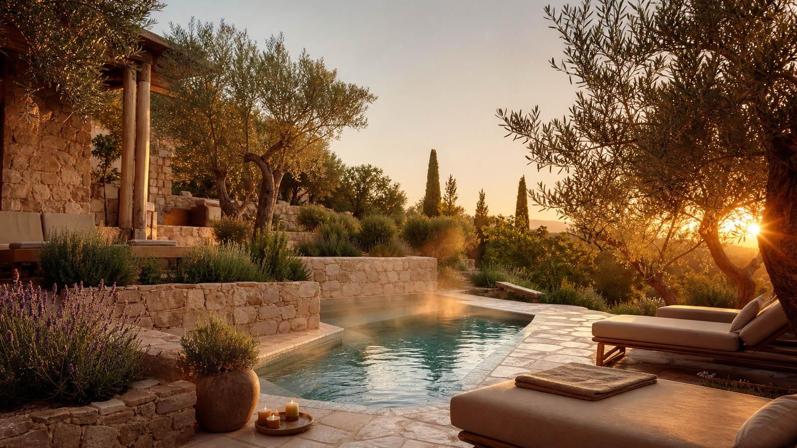 KI-generiertes Mallorca-Stimmungsbild eines mediterranen Hotel-Außenbereichs für den Hotelcheck des NEMA HOTEL BOUTIQUE & SPA in Artà
