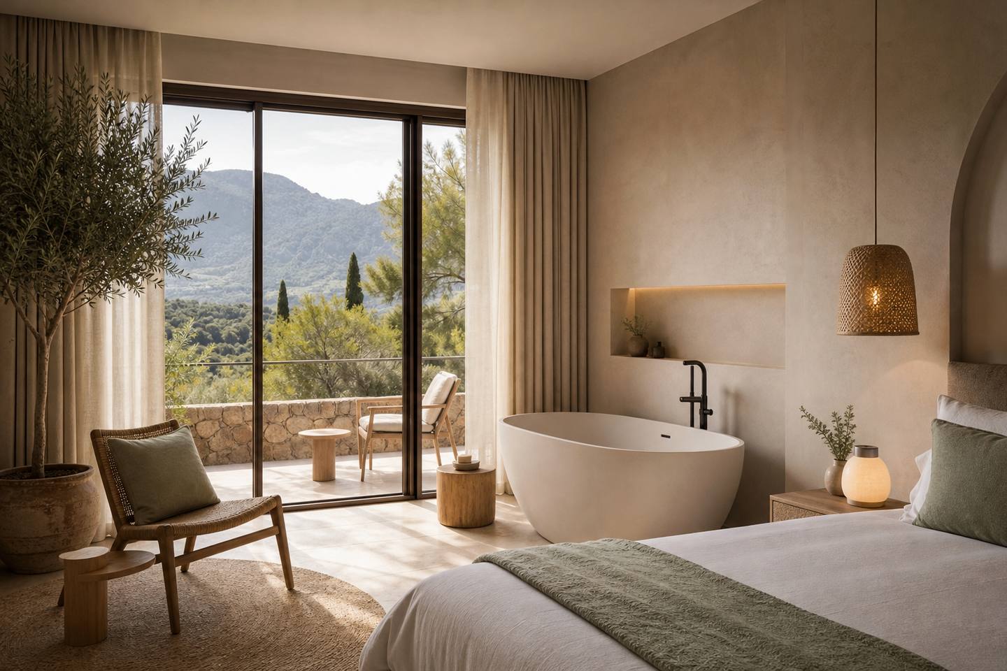 KI-generiertes redaktionelles Stimmungsbild eines mediterranen Hotelzimmers für den Hotelcheck des NEMA HOTEL BOUTIQUE & SPA in Artà