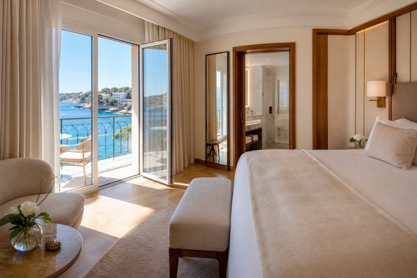 KI-generiertes Stimmungsbild für Nixe Palace mit renoviert wirkendem Zimmer, Balkon und Blick auf Cala Major