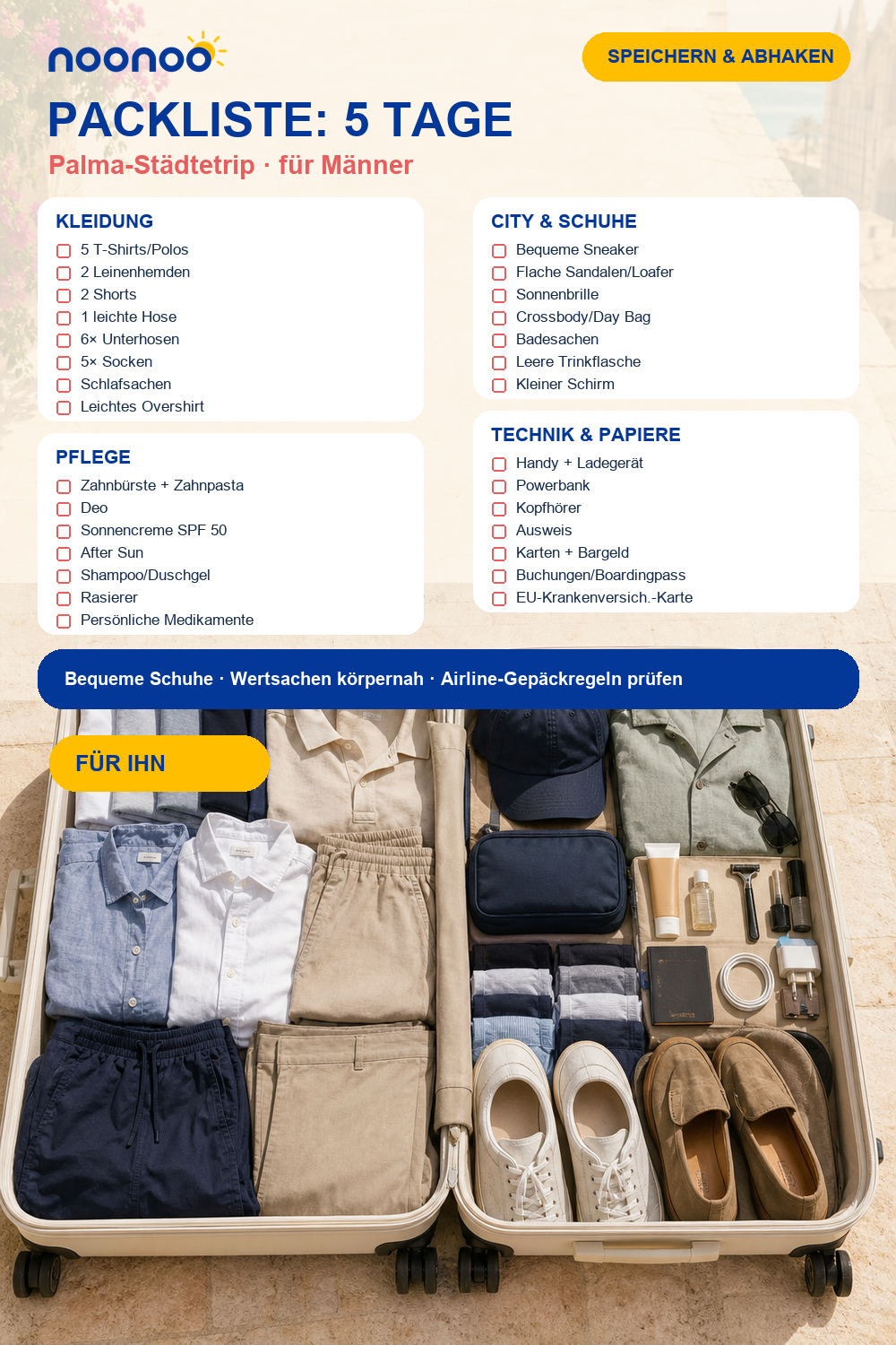 Packliste für 5 Tage Palma: Städtetrip für Männer