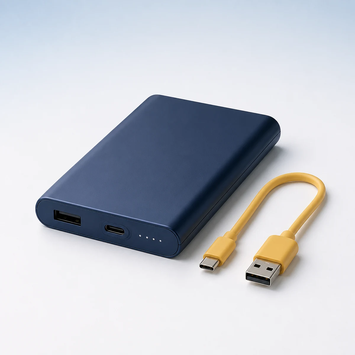 Markenfreie kompakte blaue Powerbank mit Ladekabel