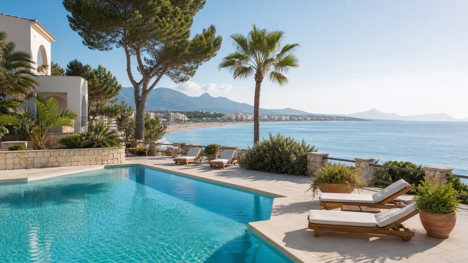 KI-generiertes Mallorca-Stimmungsbild eines mediterranen Hotel-Außenbereichs für den Hotelcheck des PLATJA DAURADA in Can Picafort