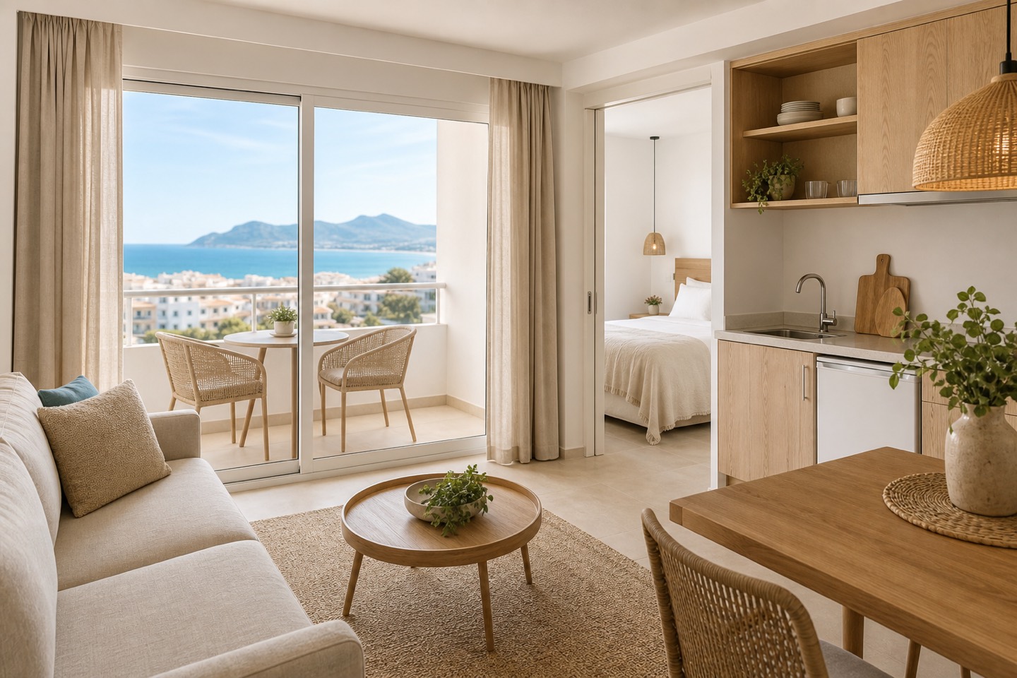 KI-generiertes redaktionelles Stimmungsbild eines mediterranen Hotelzimmers für den Hotelcheck des PLATJA DAURADA in Can Picafort
