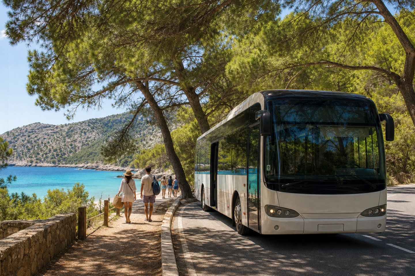 KI-generiertes Stimmungsbild einer öffentlichen Busanreise unter Pinien nahe einem Strand im Formentor-Stil