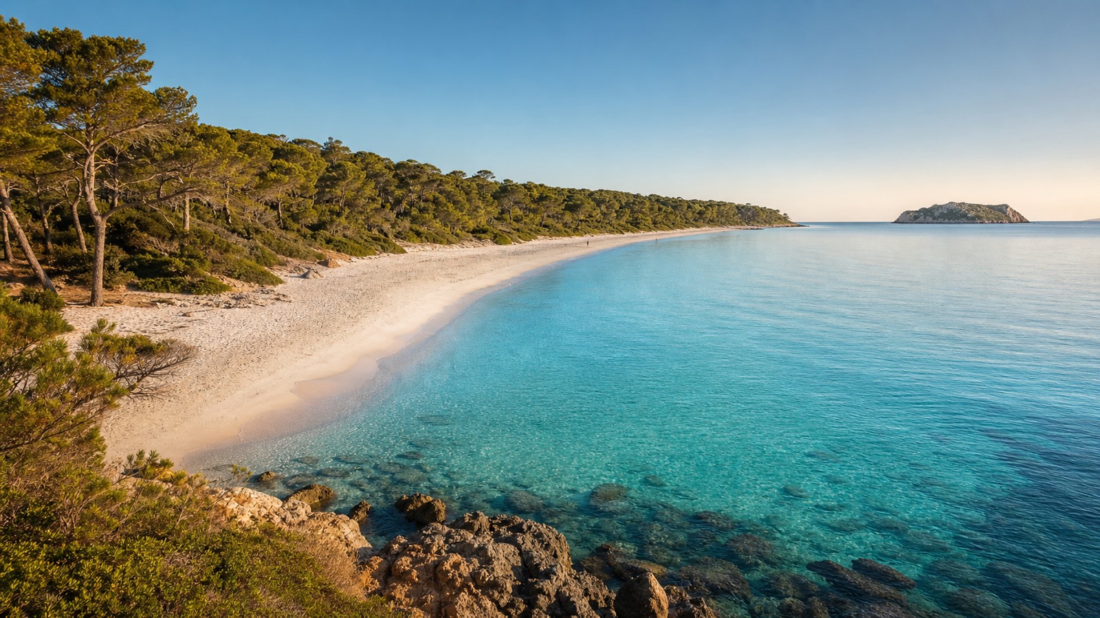 KI-generiertes Stimmungsbild eines langen schmalen hellen Sandstrands im Formentor-Stil mit Pinien und klarem Wasser