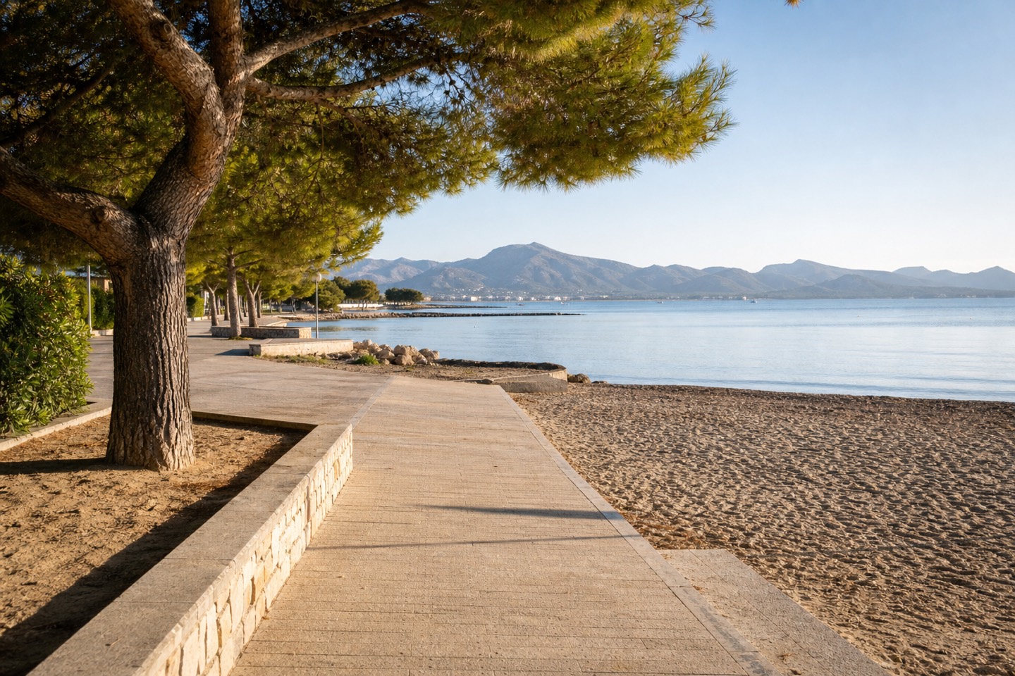 KI-generiertes Stimmungsbild einer ruhigen Promenade mit Pinien, Sandstrand und flachem Meer in der Bucht von Pollença