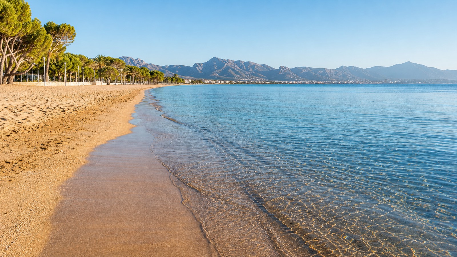 KI-generiertes Stimmungsbild eines langen, schmalen Sandstrands in der Bucht von Pollença mit flachem Wasser, Pinien und Bergkulisse