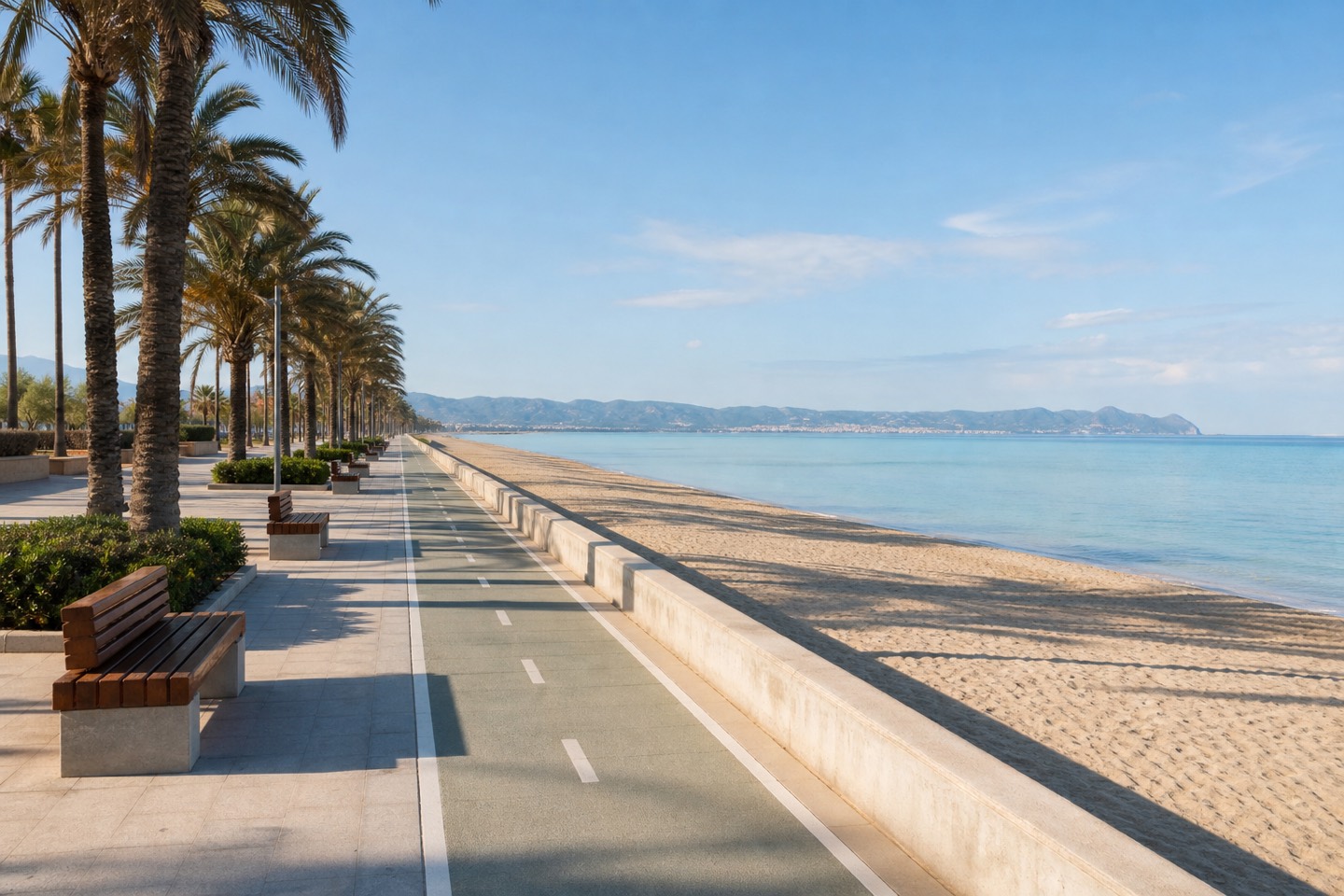 KI-generiertes Stimmungsbild einer breiten Strandpromenade mit Radweg, Palmen und Blick auf die Bucht von Palma