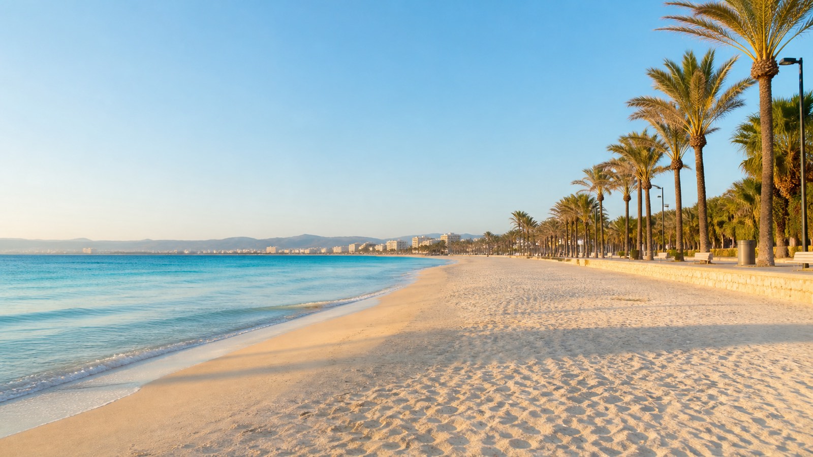 KI-generiertes Stimmungsbild eines langen Sandstrands mit Promenade und Palmen an der Bucht von Palma