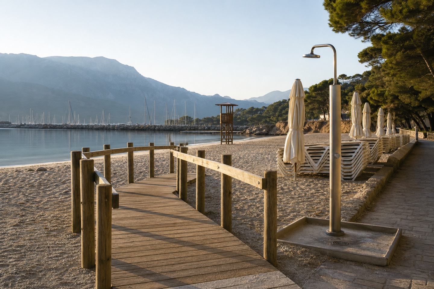 KI-generiertes Stimmungsbild eines Holzstegs mit Stranddusche, Liegen und Rettungsturm an der Platja d’en Repic