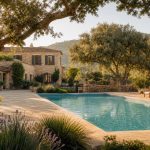 KI-generierte Finca-Poolstimmung für das Predi Son Jaumell Hotel Rural bei Capdepera mit Naturstein und altem Baumbestand