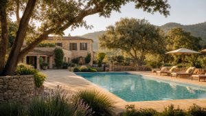 KI-generierte Finca-Poolstimmung für das Predi Son Jaumell Hotel Rural bei Capdepera mit Naturstein und altem Baumbestand