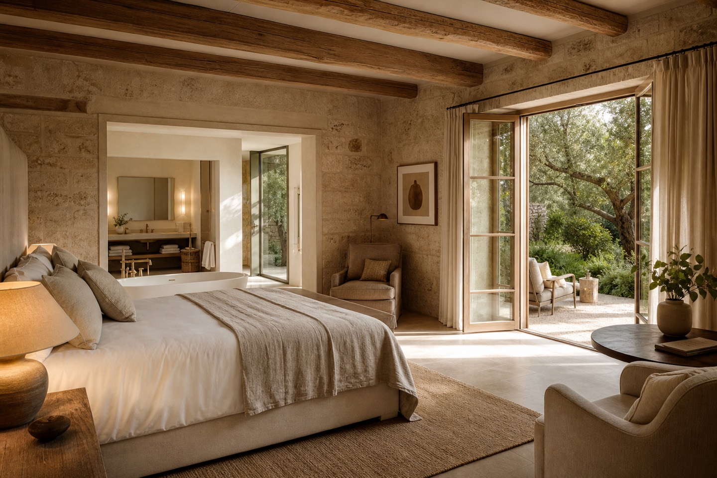 KI-generierte Suitenstimmung für das Predi Son Jaumell Hotel Rural mit Naturstein, King-Size-Bett und privater Gartenterrasse