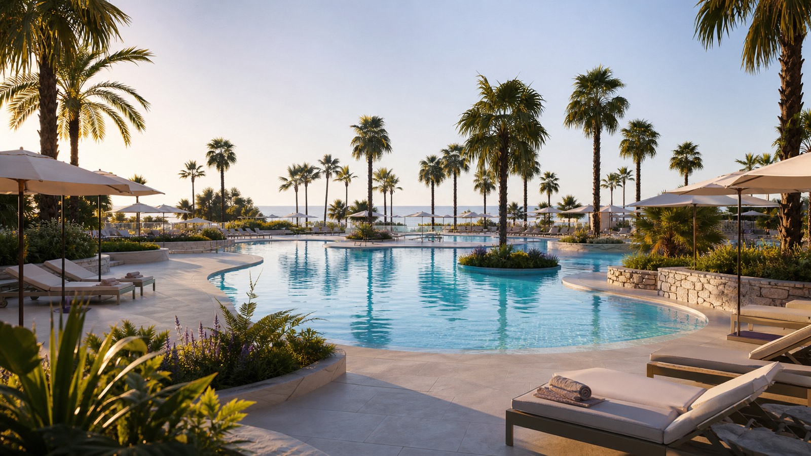 KI-generiertes Stimmungsbild einer weitläufigen Poollandschaft in Sa Coma für den Protur Biomar Sensatori Resort Hotelcheck