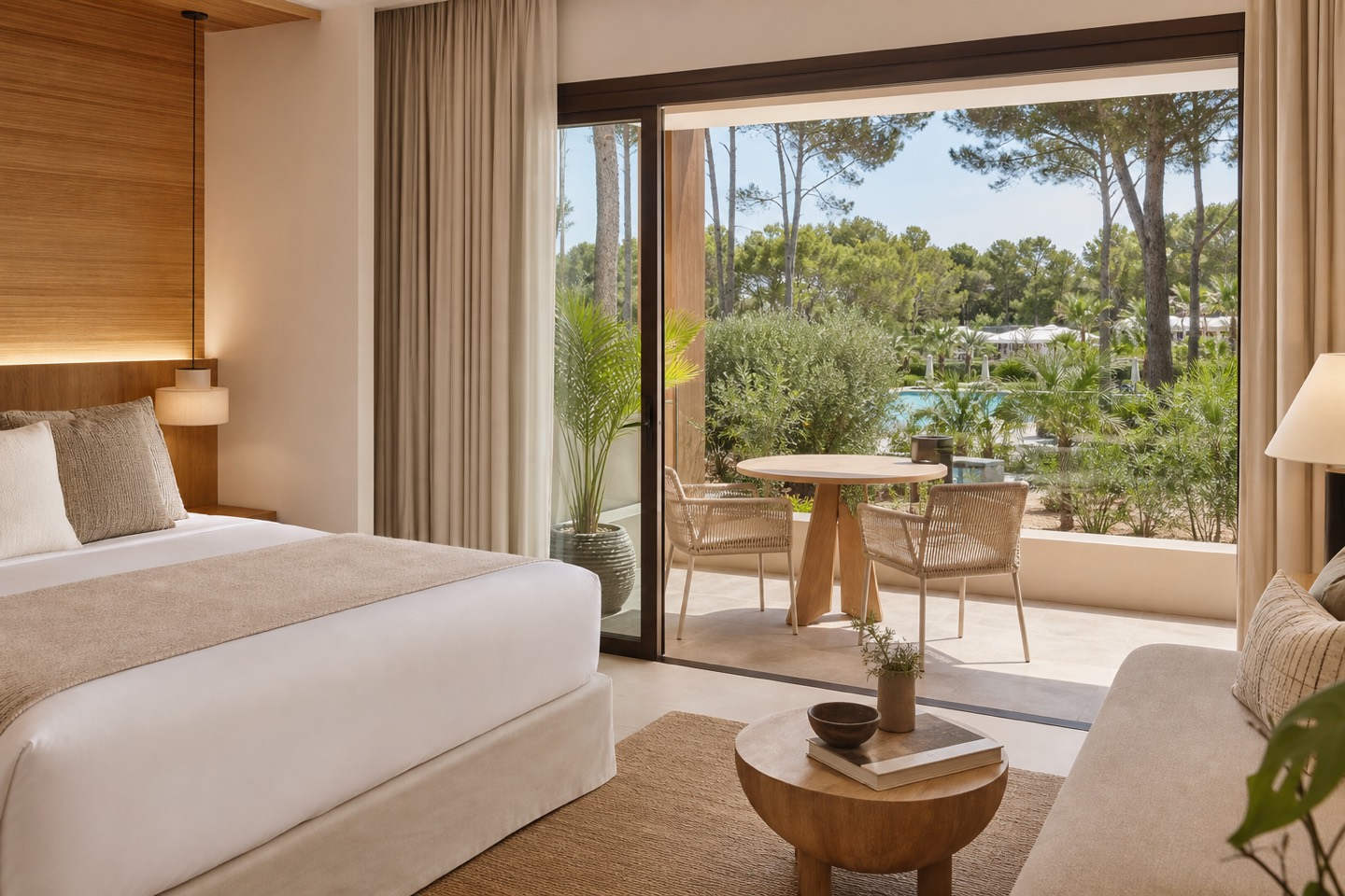 KI-generiertes Stimmungsbild einer hellen Luxussuite mit Gartenterrasse für den Protur Biomar Sensatori Resort Hotelcheck in Sa Coma