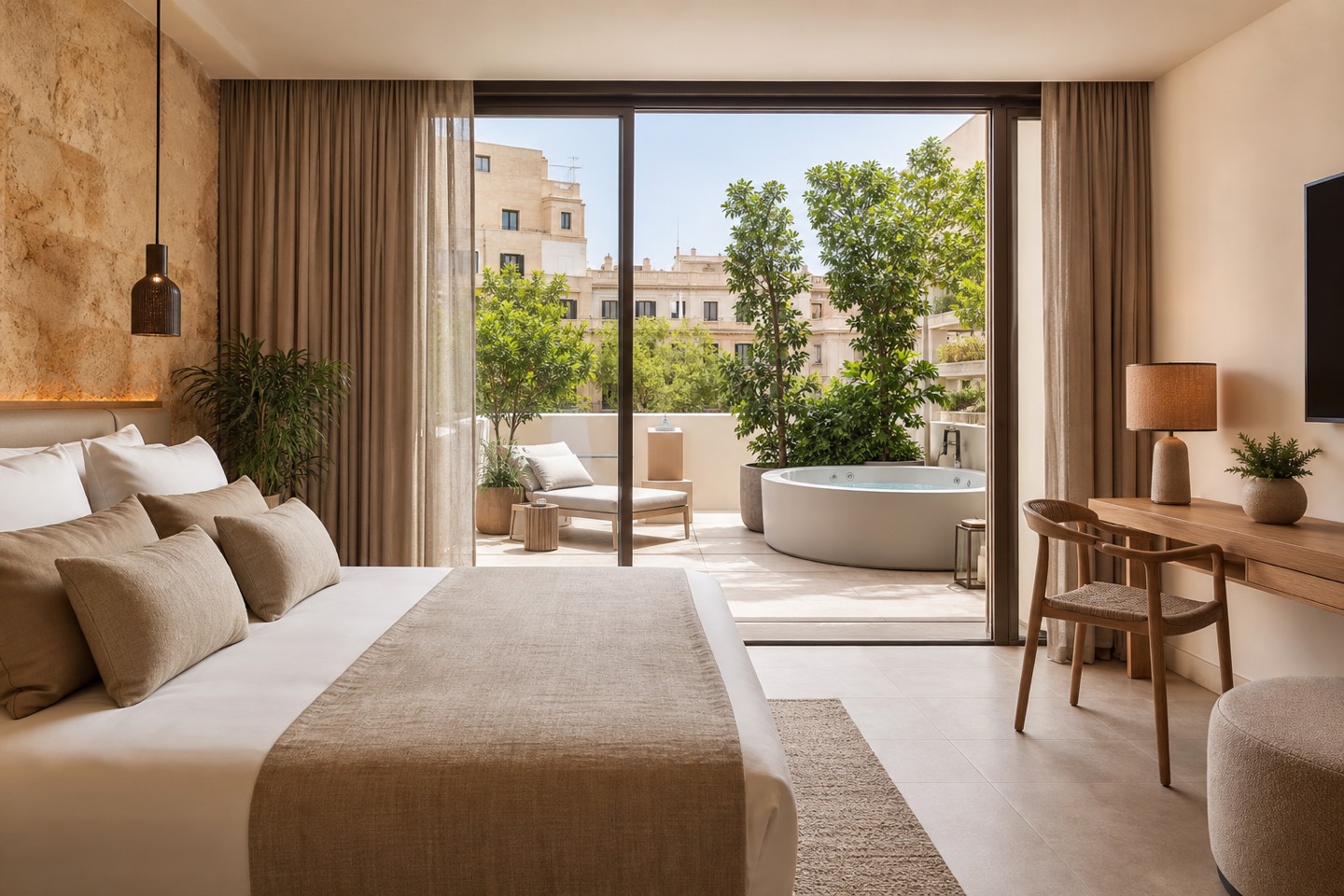 KI-generiertes Stimmungsbild eines modernen Doppelzimmers in Palma mit großer Terrasse und Hydromassagewanne für das Protur Naisa Palma