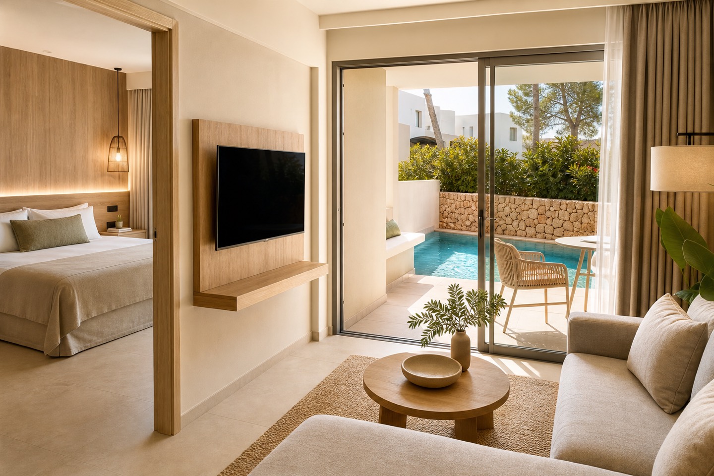KI-generiertes Stimmungsbild einer modernen Suite mit Terrasse und Poolzugang für den Protur Sa Coma Playa Hotel und Spa Hotelcheck