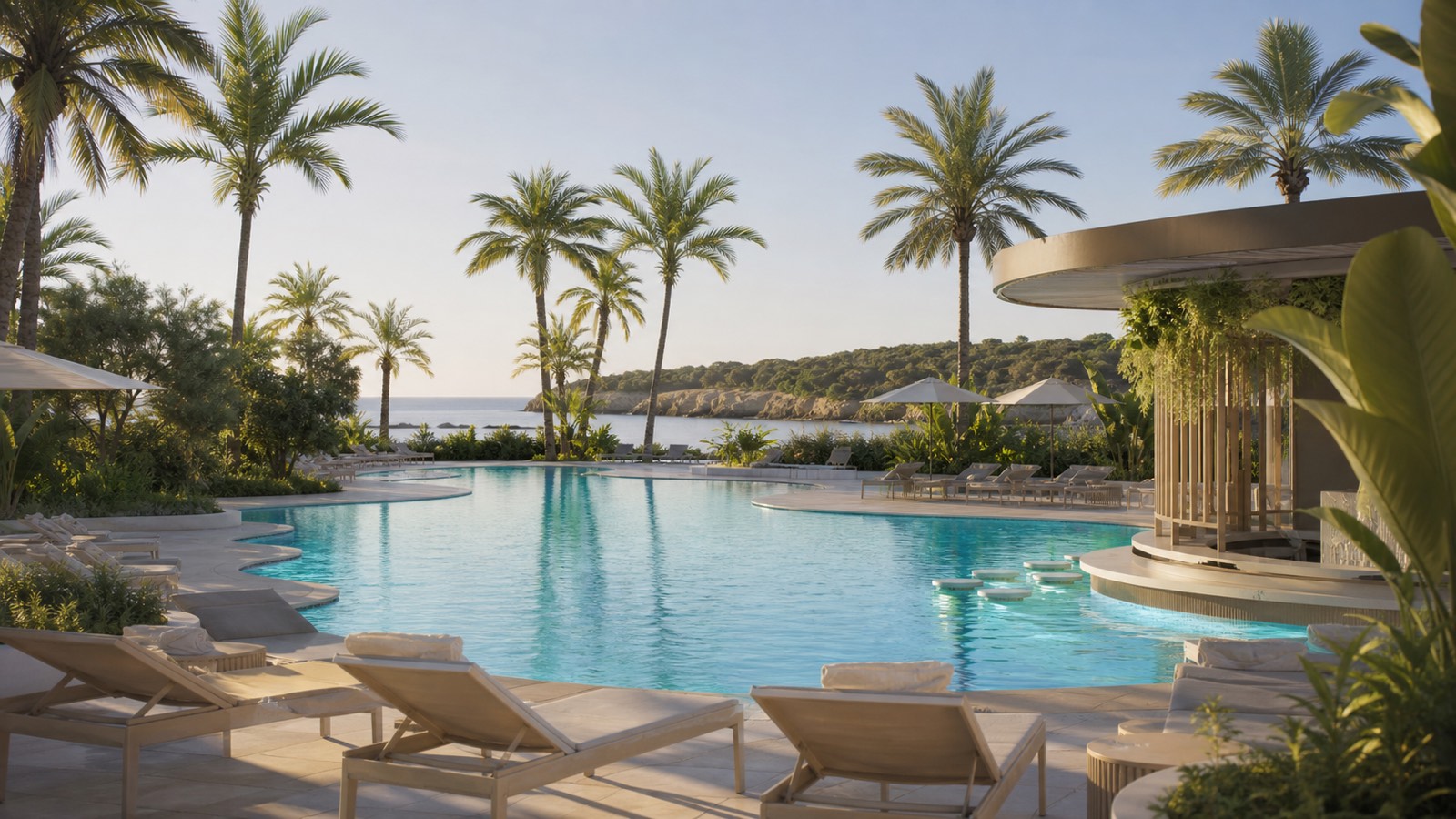 KI-generiertes Stimmungsbild einer palmengesäumten Poolanlage in Sa Coma für den Protur Sa Coma Playa Hotel und Spa Hotelcheck